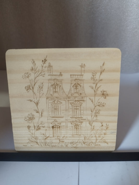 Mansion engraved wood coaster