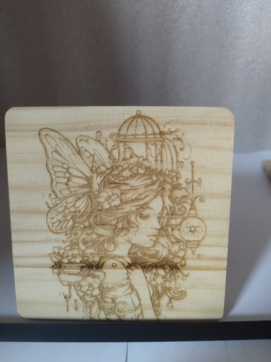 Fairy engraved wood coaster