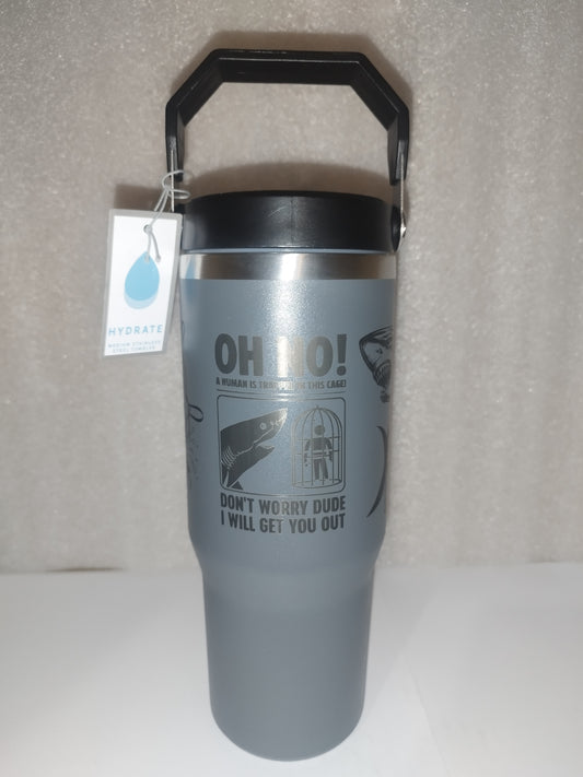30oz Funny Shark themed engraved stainless steel Tumbler.