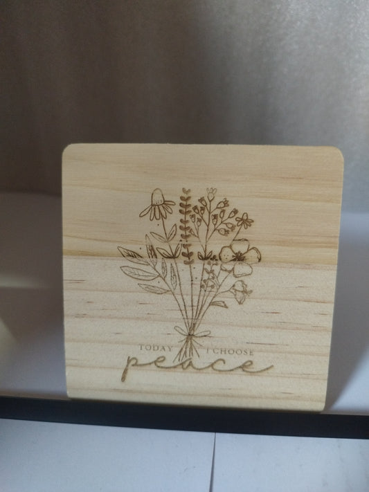 Peace engraved wood coaster