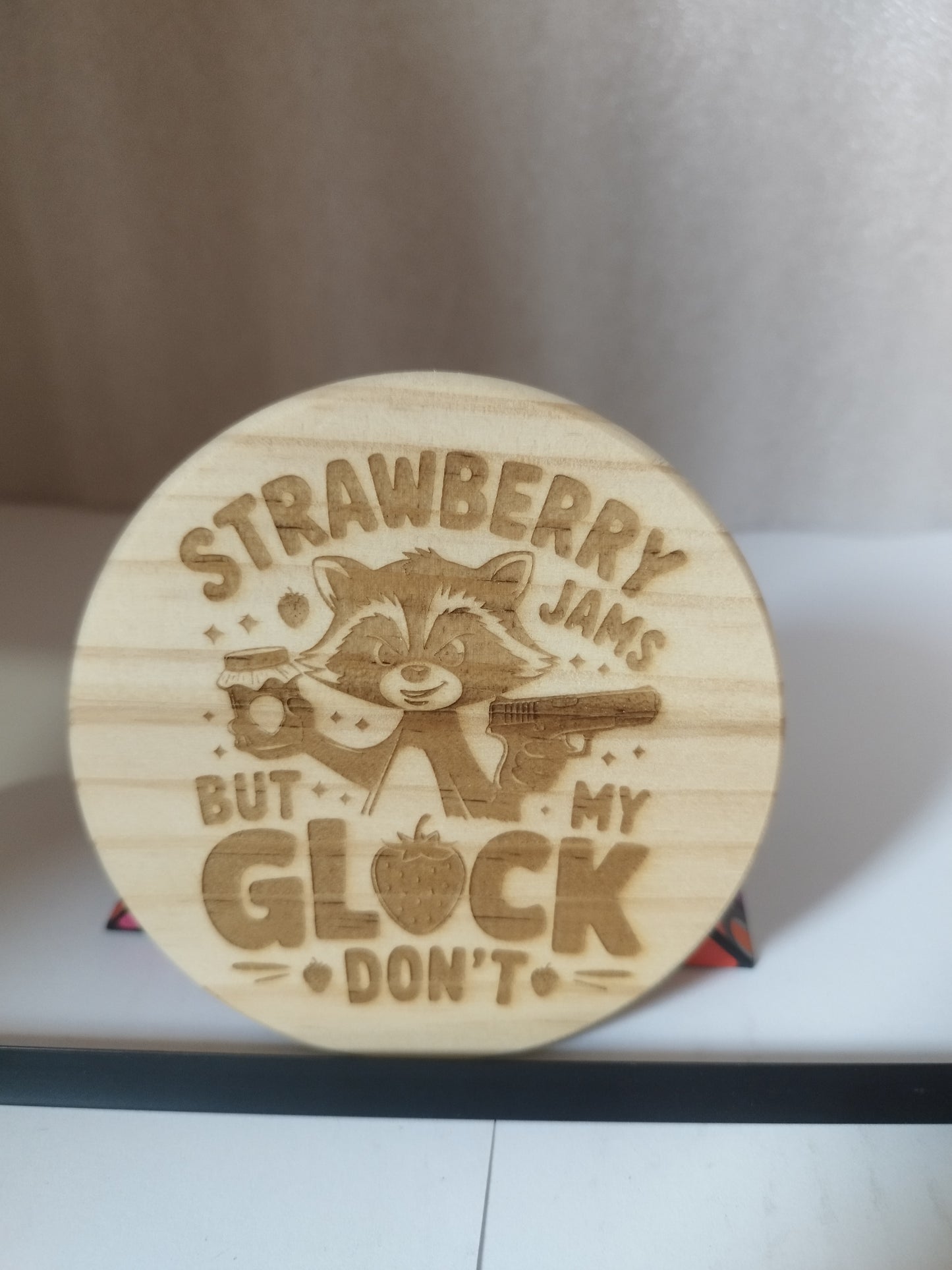 Strawberry Glock engraved wood coaster