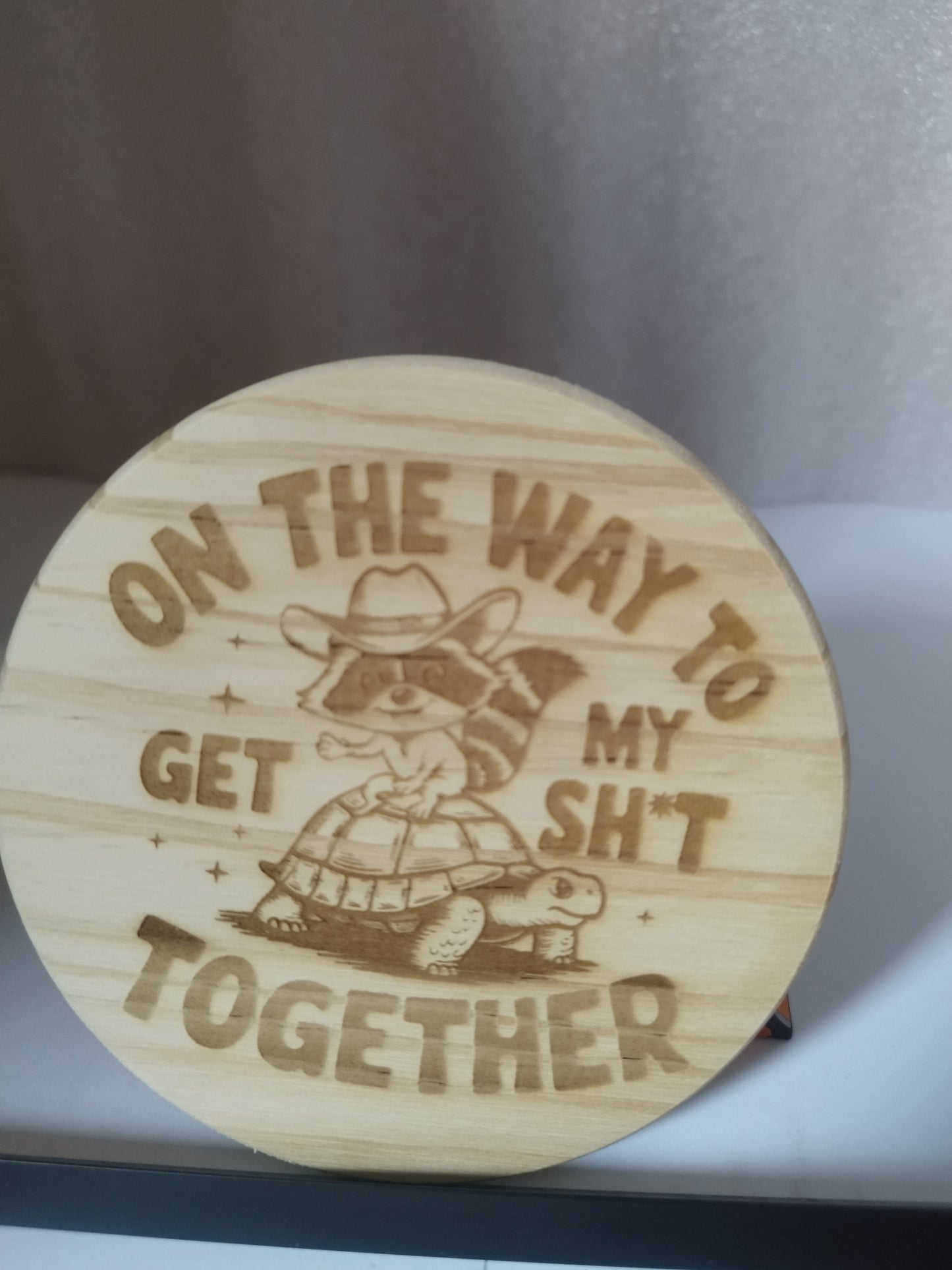 On my way engraved wood coaster