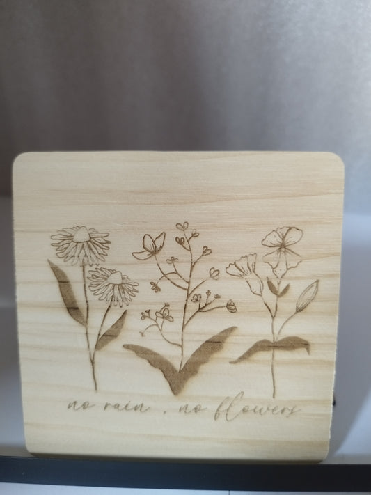 No rain engraved wood coaster