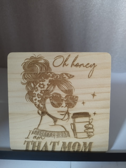 Oh honey engraved wood coaster