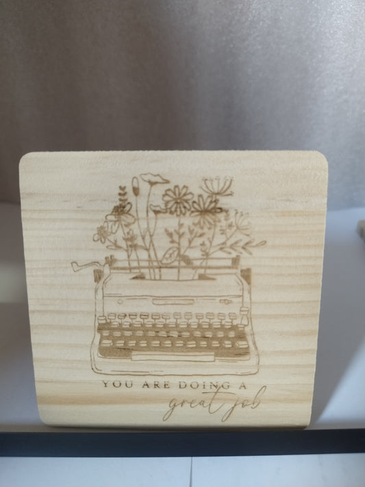 Typewriter engraved wood coaster